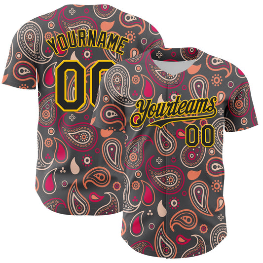 Custom Steel Gray Black-Yellow 3D Pattern Design Burner Costumes Paisley Bandana Authentic Baseball Jersey - Main View