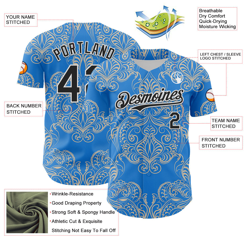 Custom Electric Blue Black-White 3D Pattern Design Burner Costumes Paisley Bandana Authentic Baseball Jersey view 3