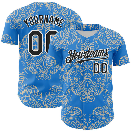 Custom Electric Blue Black-White 3D Pattern Design Burner Costumes Paisley Bandana Authentic Baseball Jersey - Main View