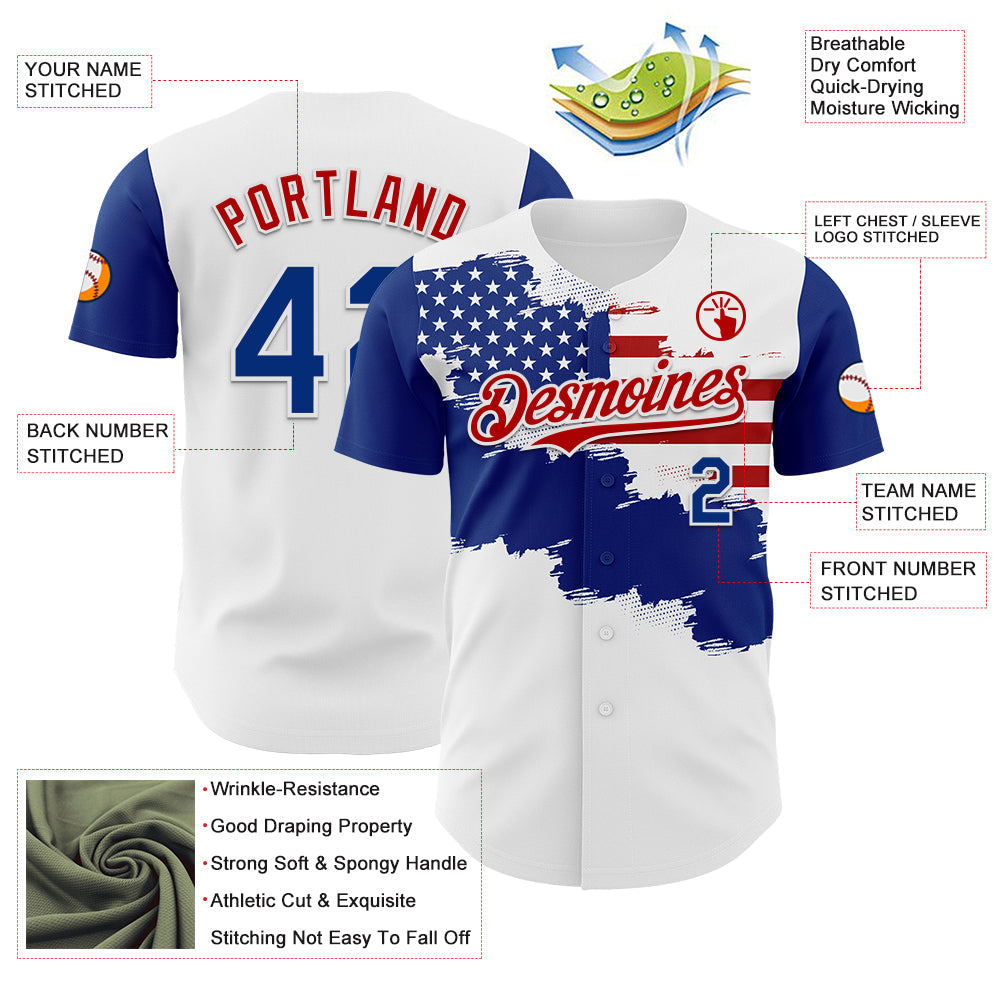 Custom White Royal-Red 3D American Flag Authentic Baseball Jersey view 3
