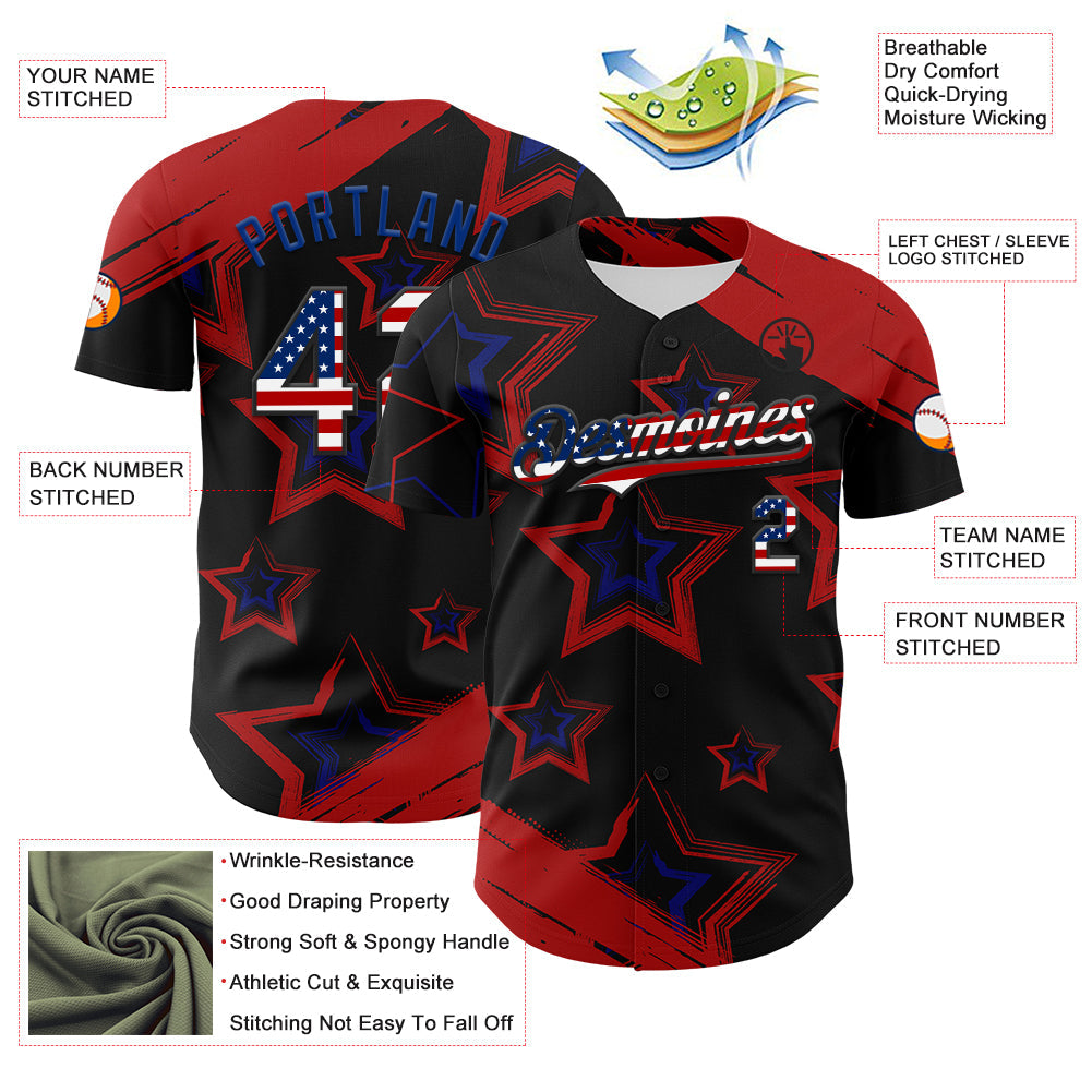 Custom Red USA Flag Black-Royal 3D America-Inspired Authentic Baseball Jersey view 3
