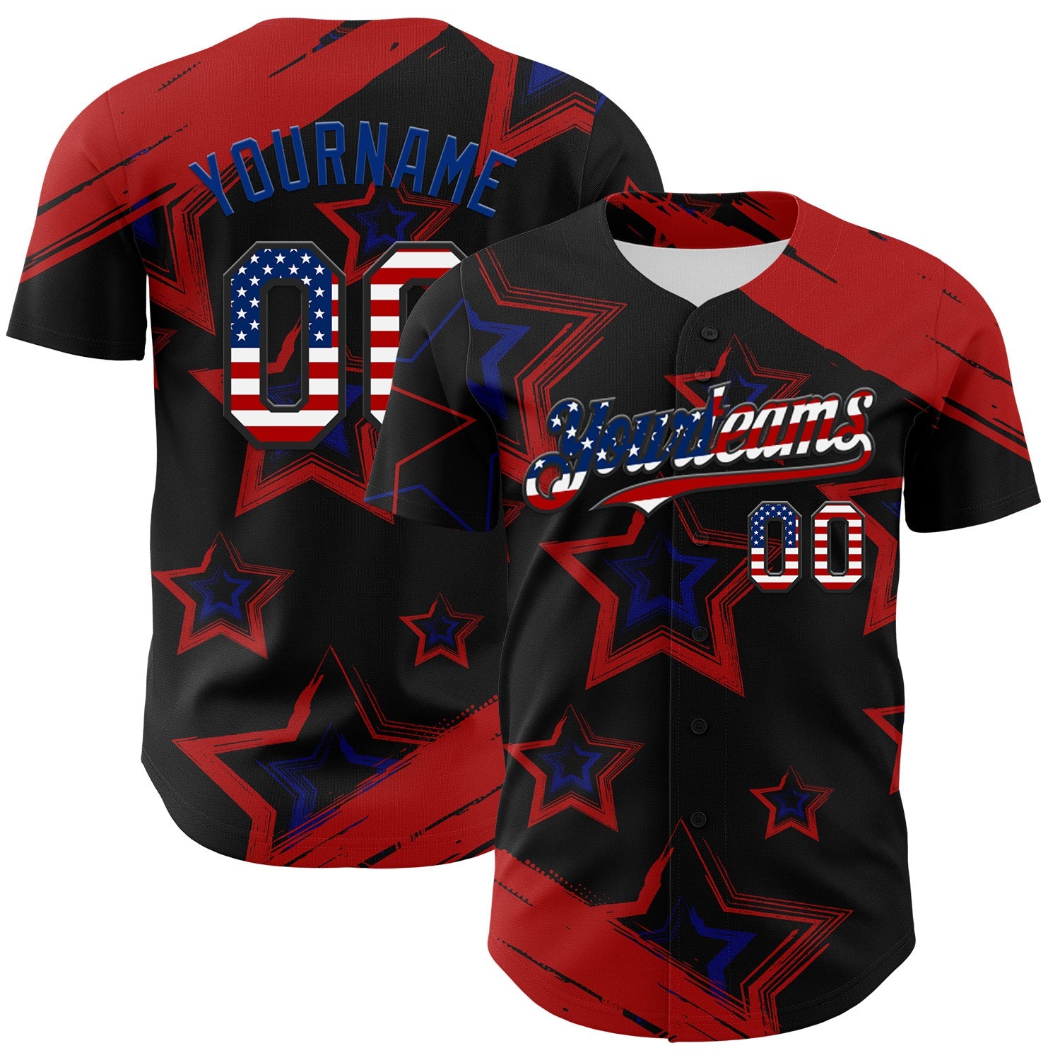 Custom Red USA Flag Black-Royal 3D America-Inspired Authentic Baseball Jersey - Main View