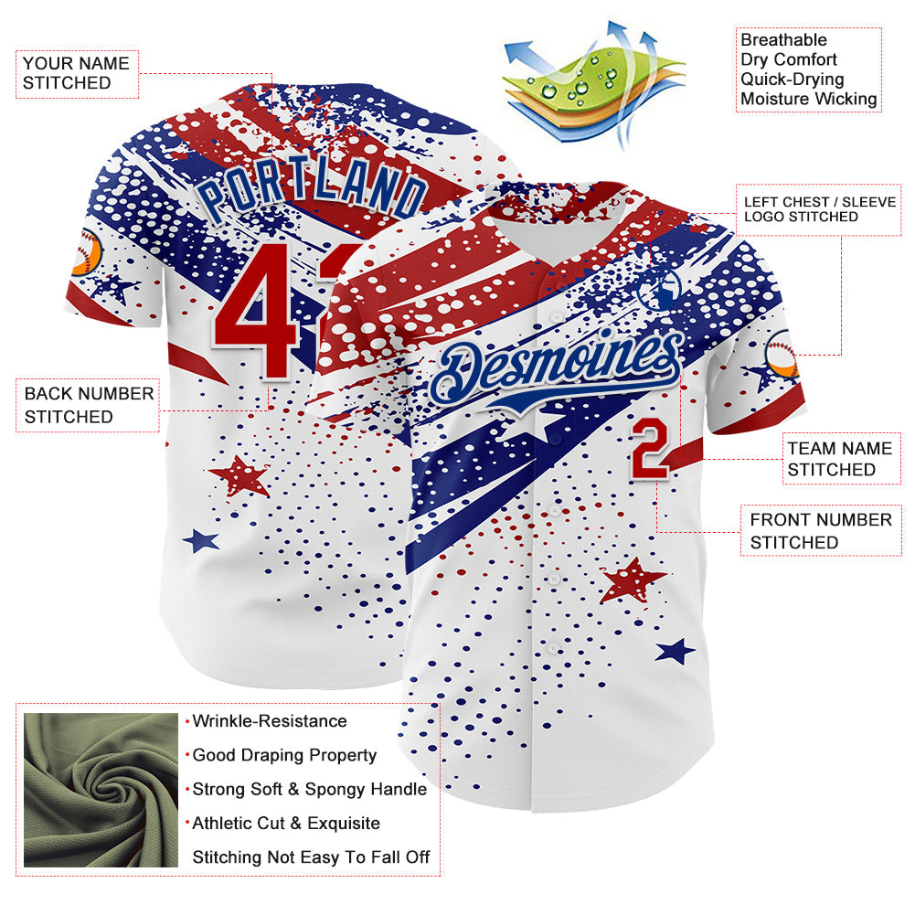 Custom White Red-Royal 3D American Flag America-Inspired Authentic Baseball Jersey view 3