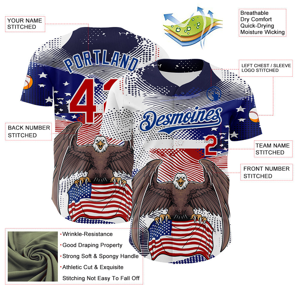 Custom White Red-Royal 3D American Flag National Symbols Bald Eagle Authentic Baseball Jersey view 3