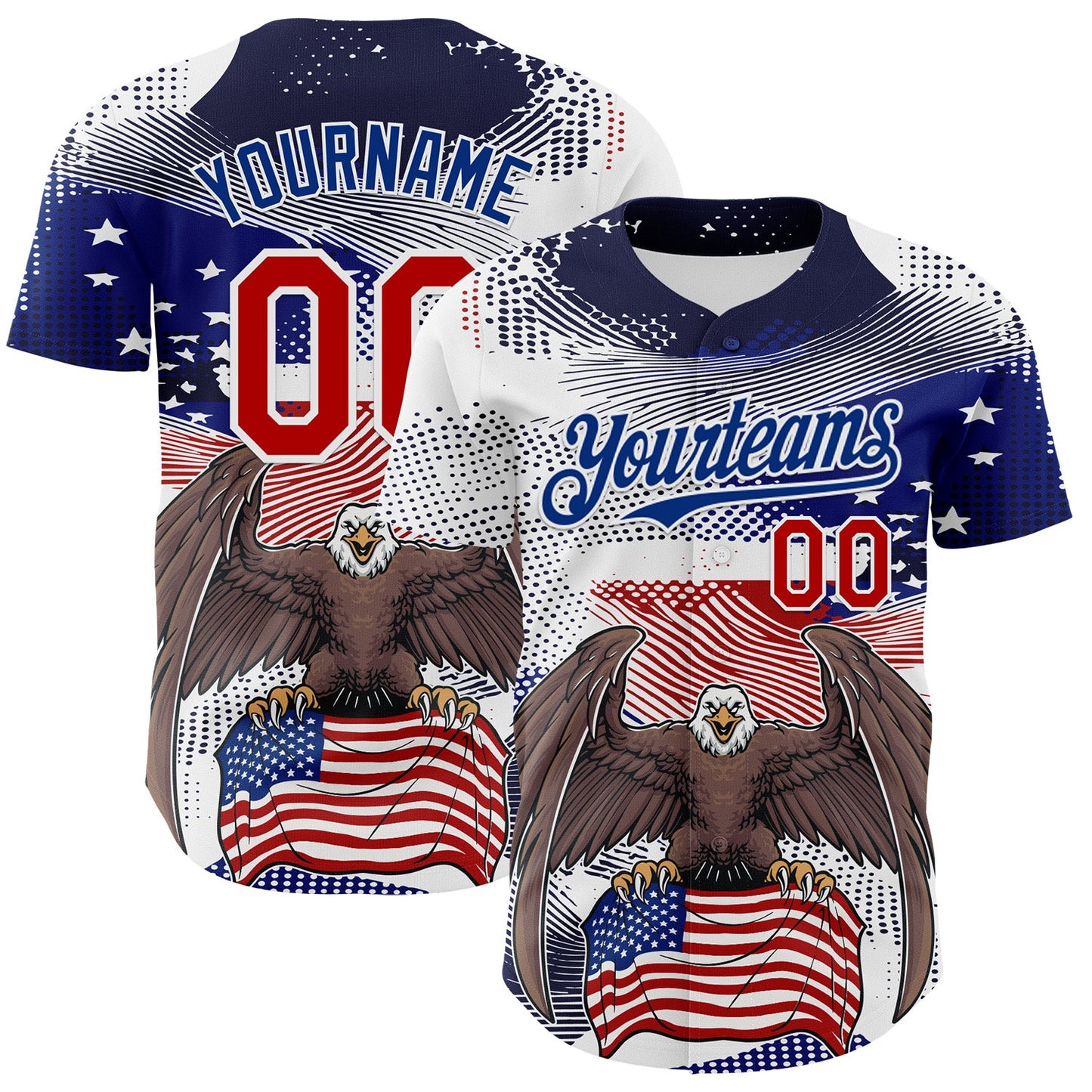 Custom White Red-Royal 3D American Flag National Symbols Bald Eagle Authentic Baseball Jersey - Main View
