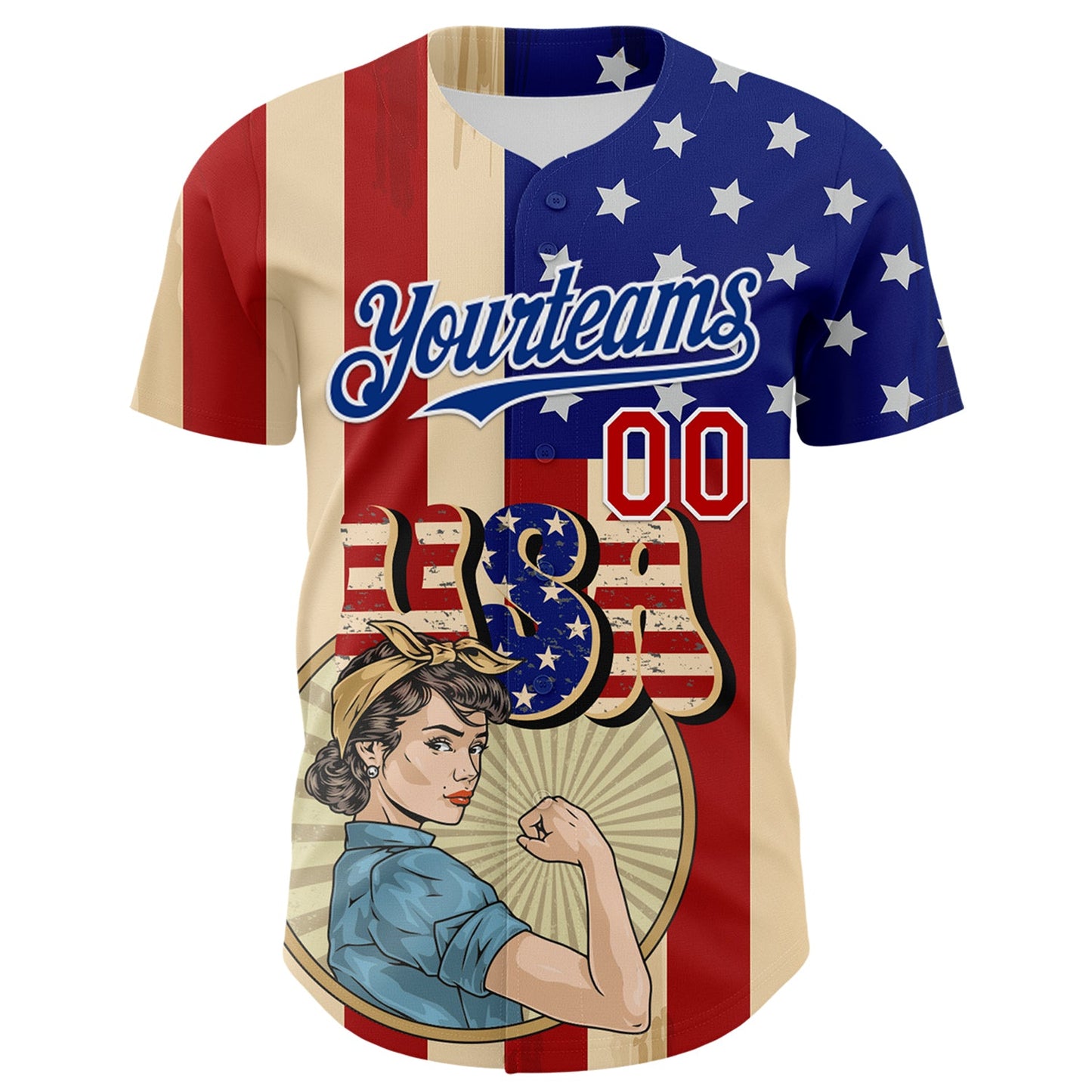 Custom Cream Red Royal-White 3D Retro American Flag Authentic Baseball Jersey view 2