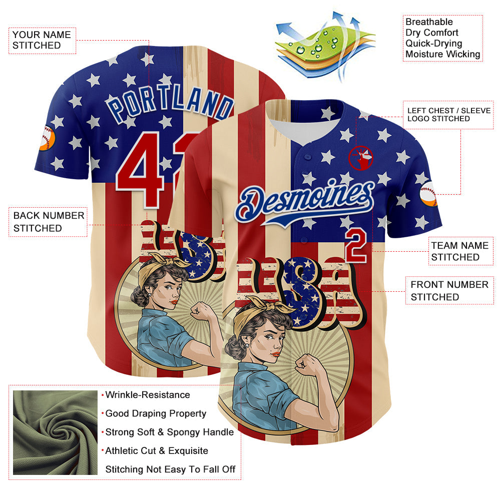 Custom Cream Red Royal-White 3D Retro American Flag Authentic Baseball Jersey view 3