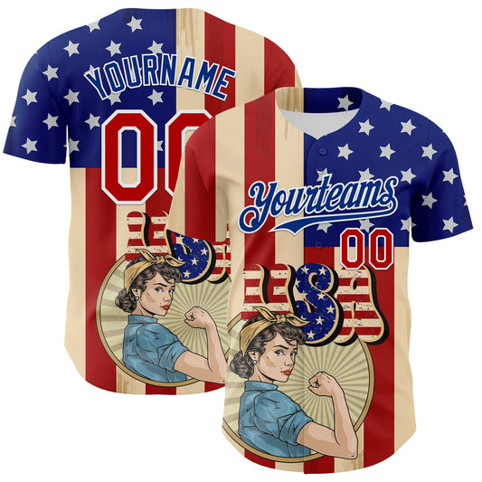 Custom Cream Red Royal-White 3D Retro American Flag Authentic Baseball Jersey - Main View