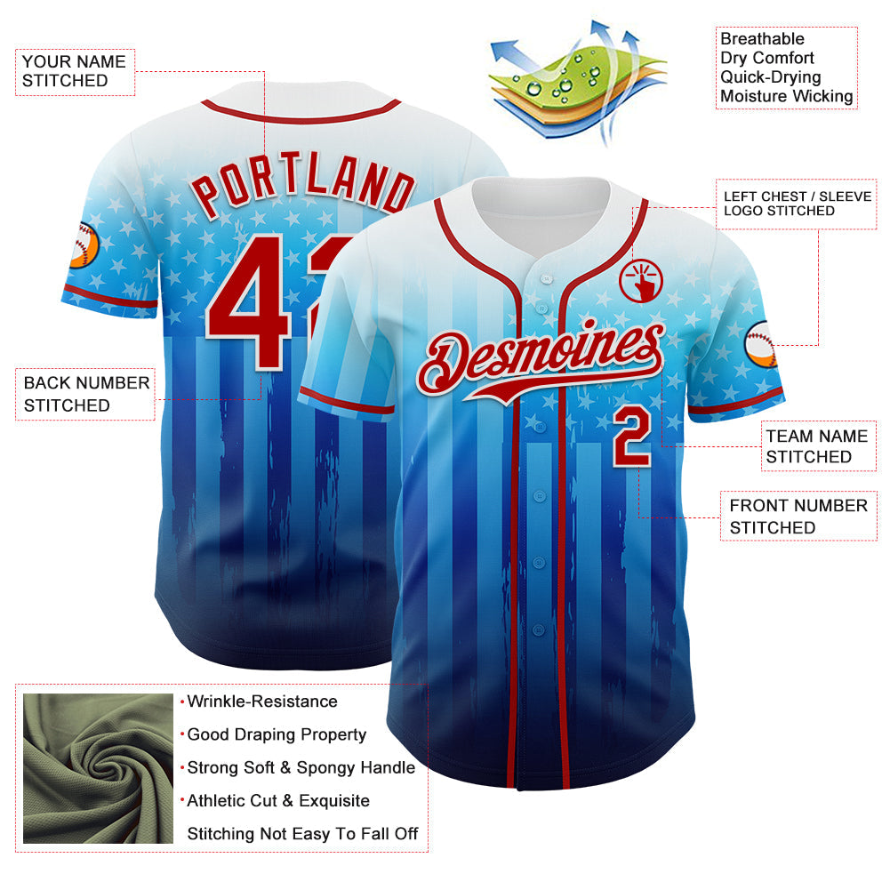 Custom White Red-Blue 3D American Flag Authentic Baseball Jersey view 3