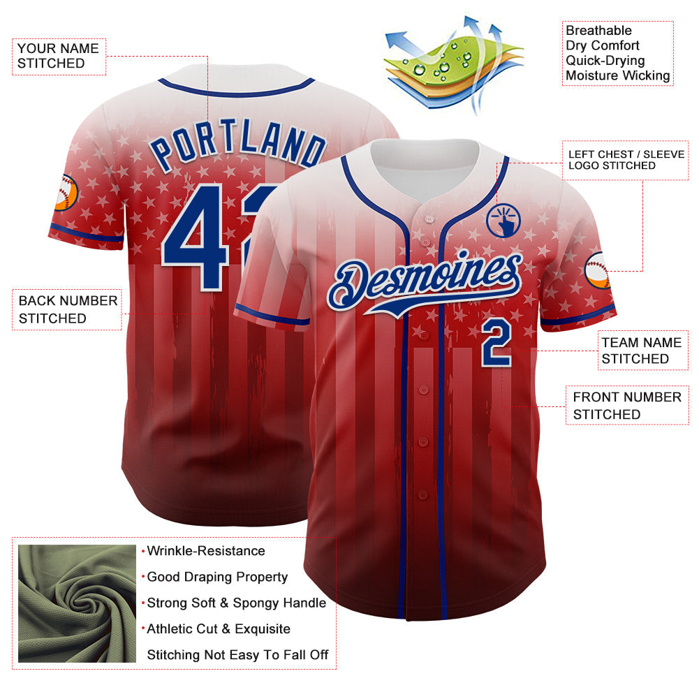 Custom White Royal-Red 3D American Flag Authentic Baseball Jersey view 3