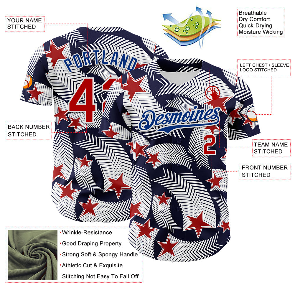 Custom White Red Navy-Royal 3D American Flag America-Inspired Authentic Baseball Jersey view 3