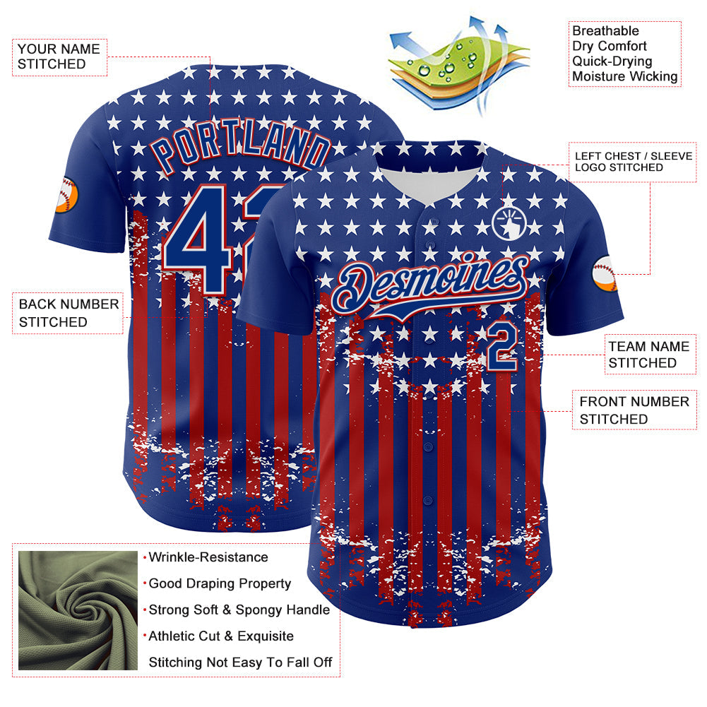 Custom Royal Red-White 3D Retro American Flag Authentic Baseball Jersey view 3