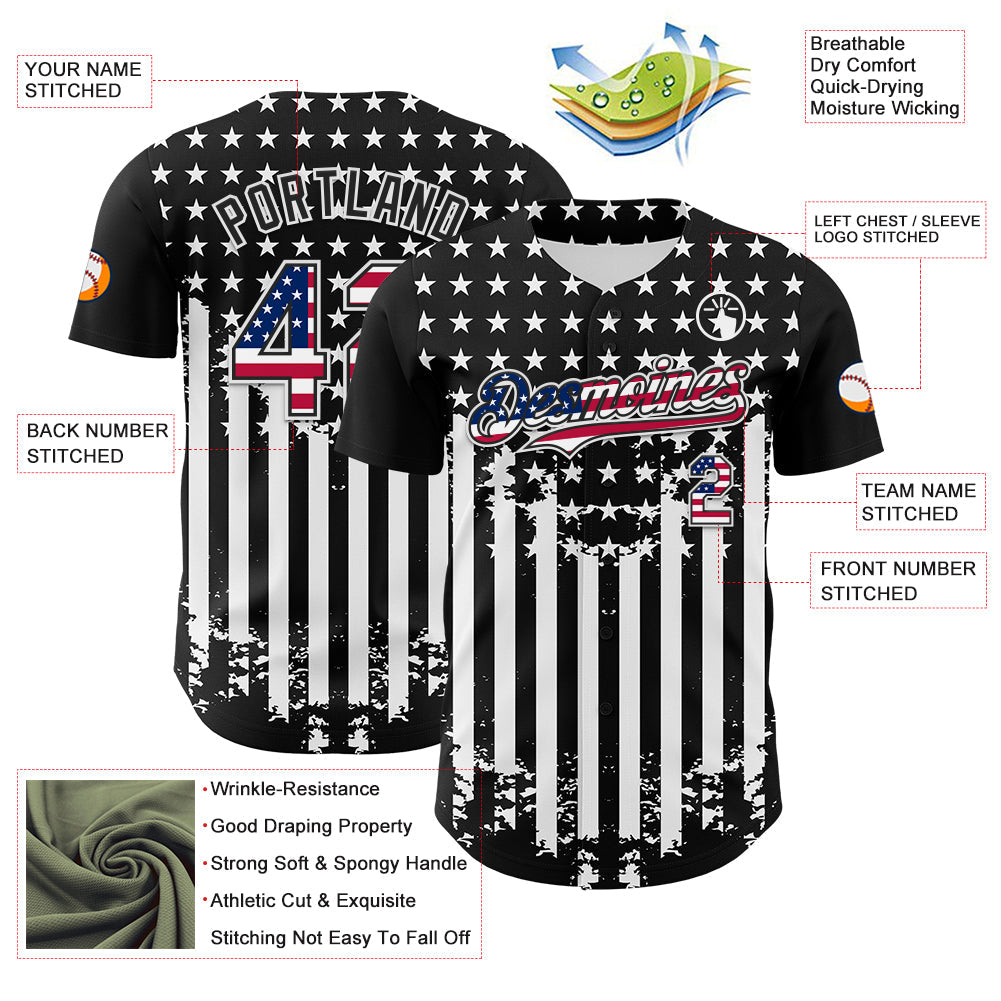 Custom Black USA Flag-White 3D Retro American Flag Authentic Baseball Jersey view 3
