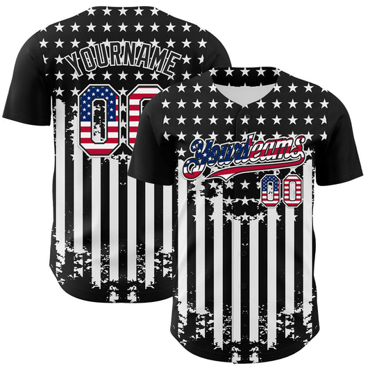 Custom Black USA Flag-White 3D Retro American Flag Authentic Baseball Jersey - Main View