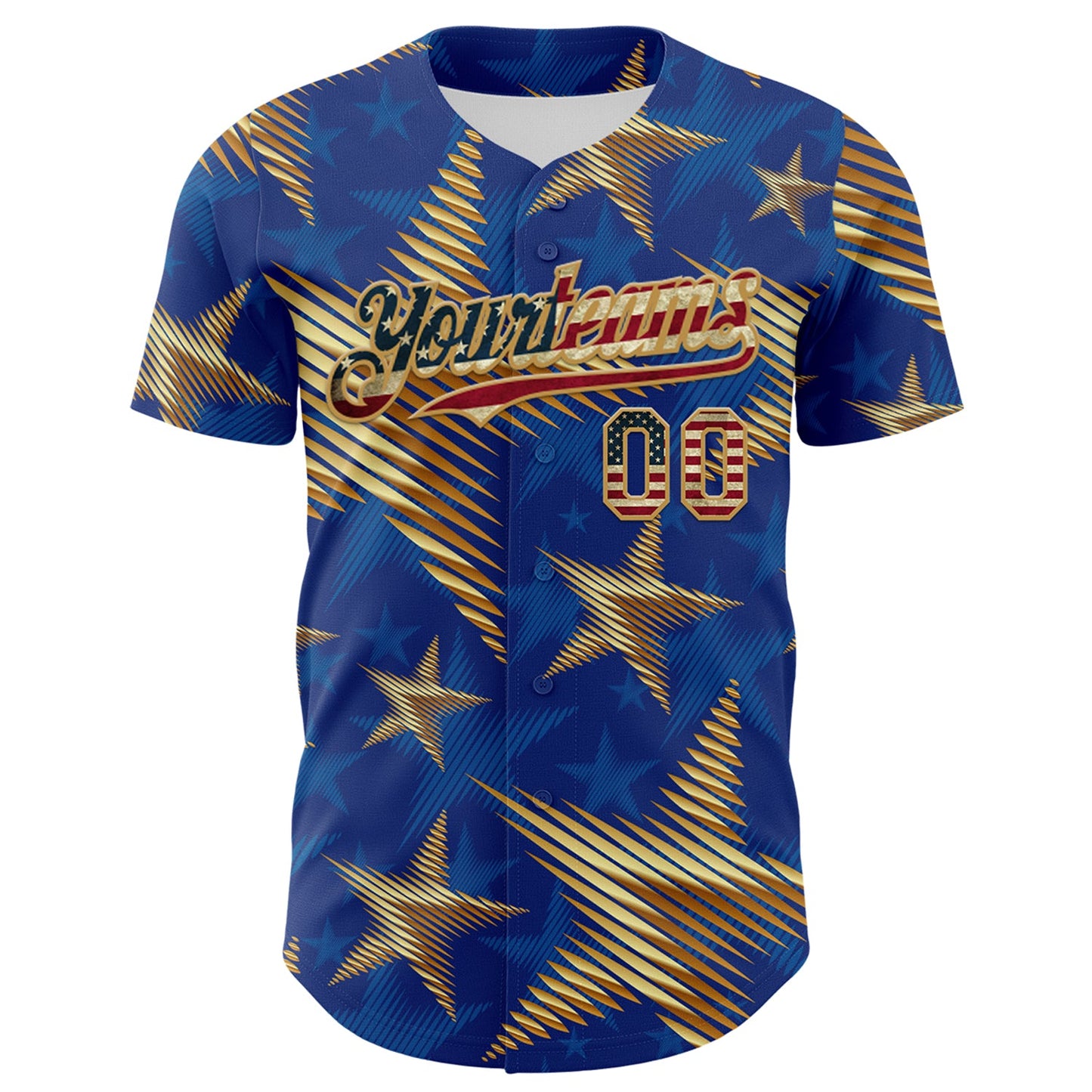 Custom Royal Vintage USA Flag Old Gold-Red 3D American Flag America-Inspired Stars Authentic Baseball Jersey view 2
