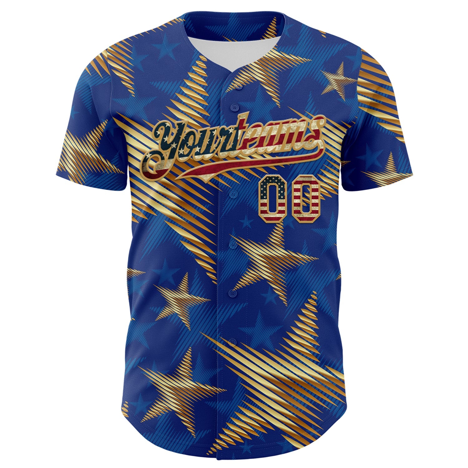 Custom Royal Vintage USA Flag Old Gold-Red 3D American Flag America-Inspired Stars Authentic Baseball Jersey view 2