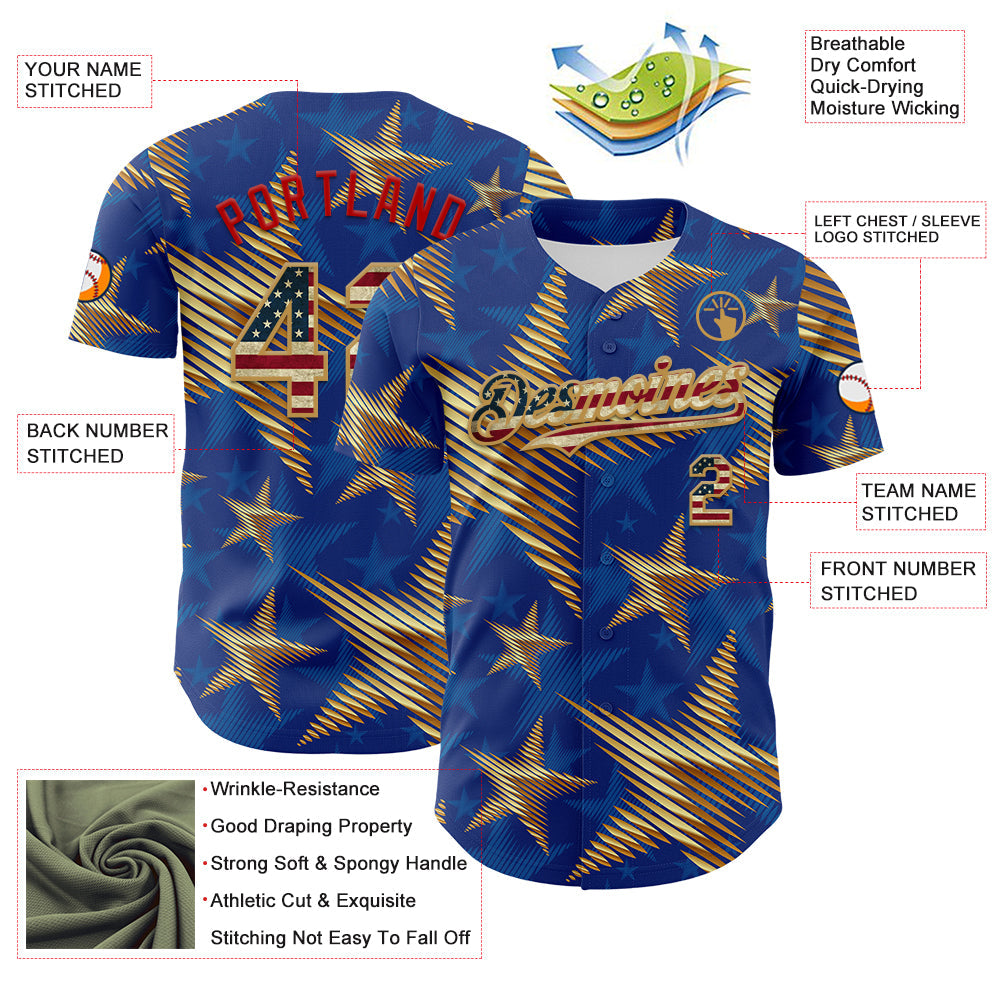 Custom Royal Vintage USA Flag Old Gold-Red 3D American Flag America-Inspired Stars Authentic Baseball Jersey view 3