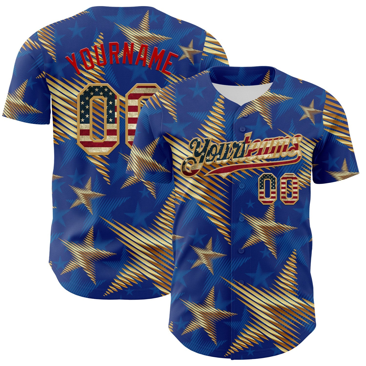 Custom Royal Vintage USA Flag Old Gold-Red 3D American Flag America-Inspired Stars Authentic Baseball Jersey - Main View