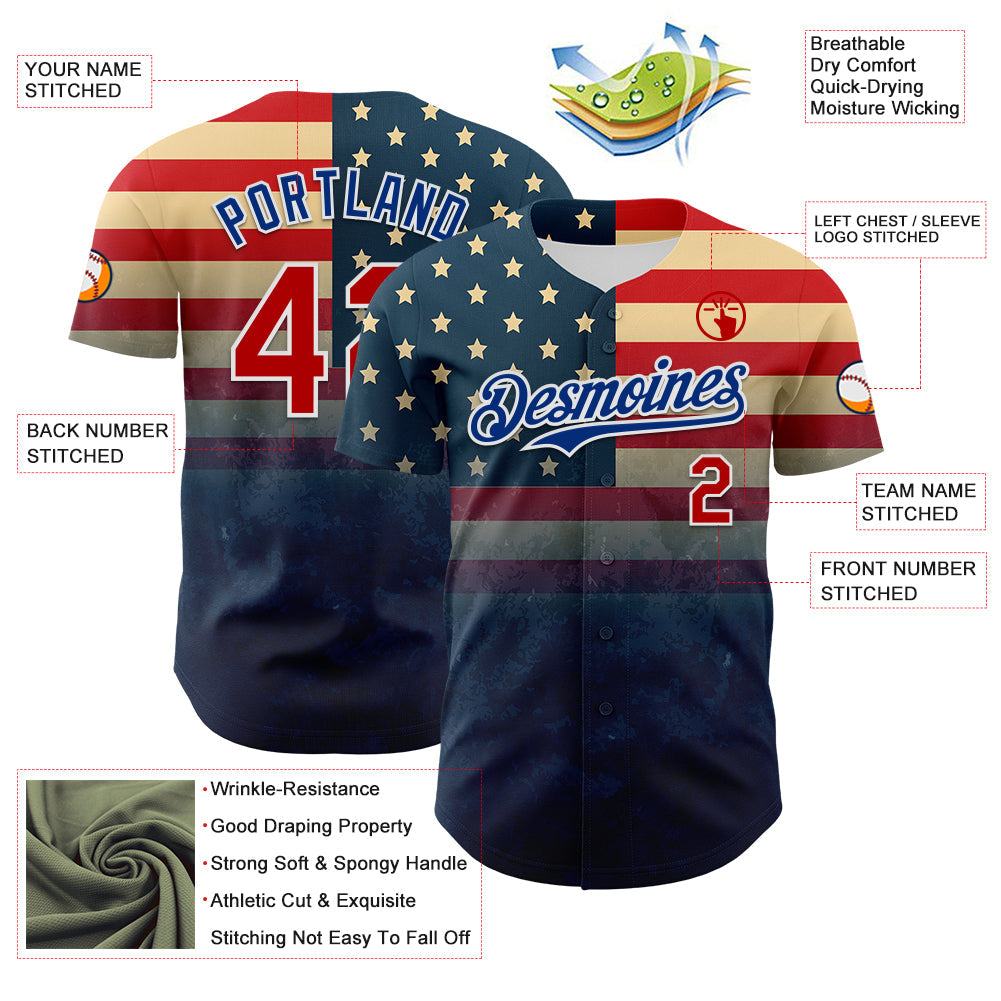 Custom Navy Red Royal-White 3D Gradient Retro American Flag Authentic Baseball Jersey view 3