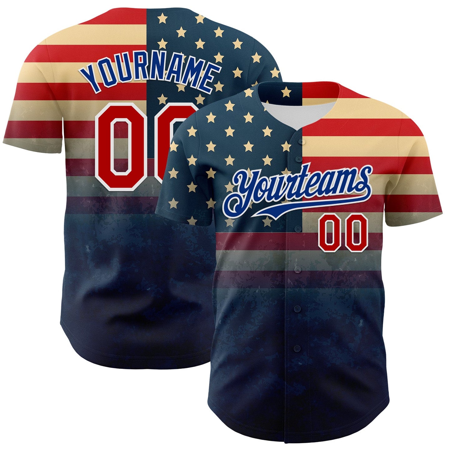 Custom Navy Red Royal-White 3D Gradient Retro American Flag Authentic Baseball Jersey - Main View
