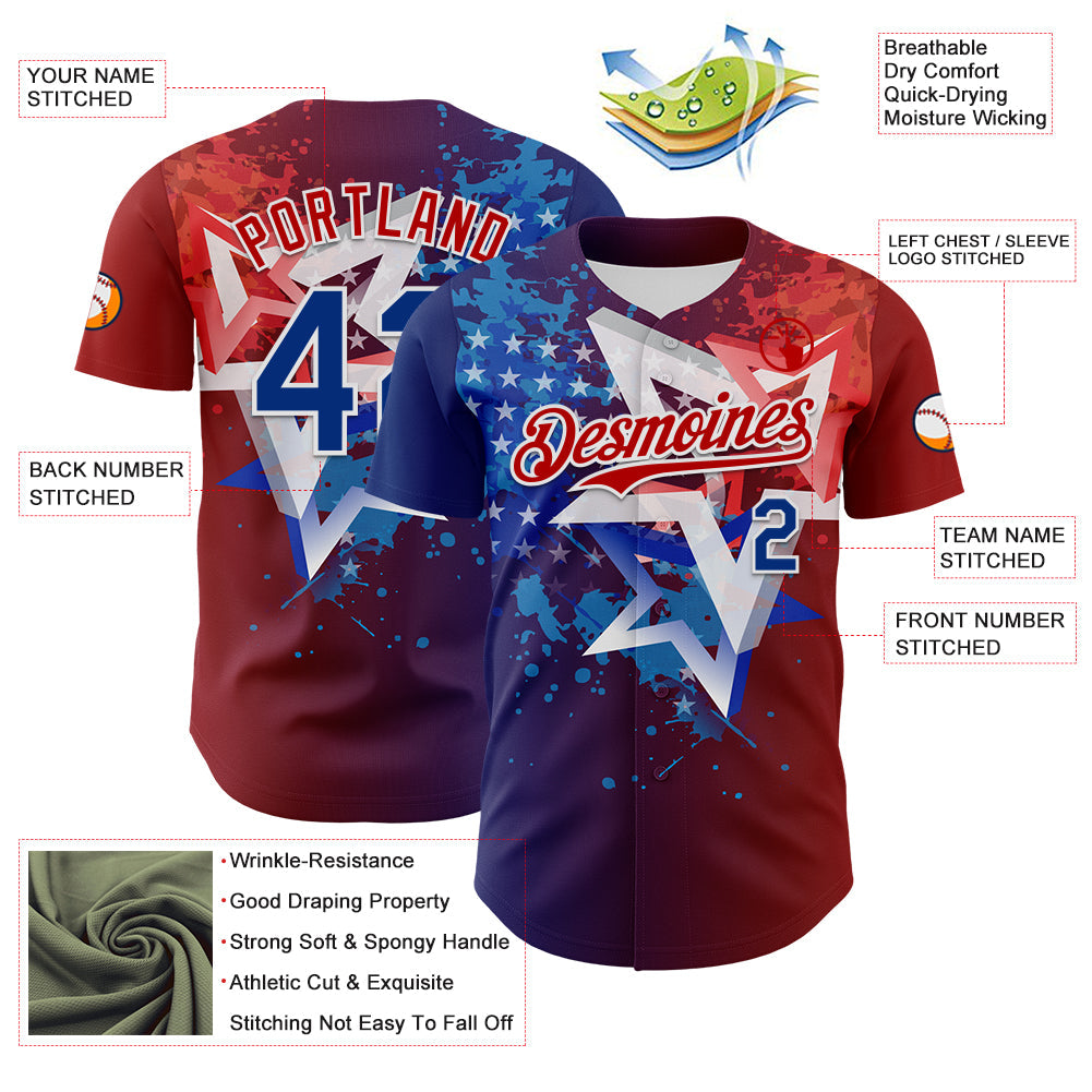 Custom Red Royal-White 3D Gradient American Flag America-Inspired Authentic Baseball Jersey view 3