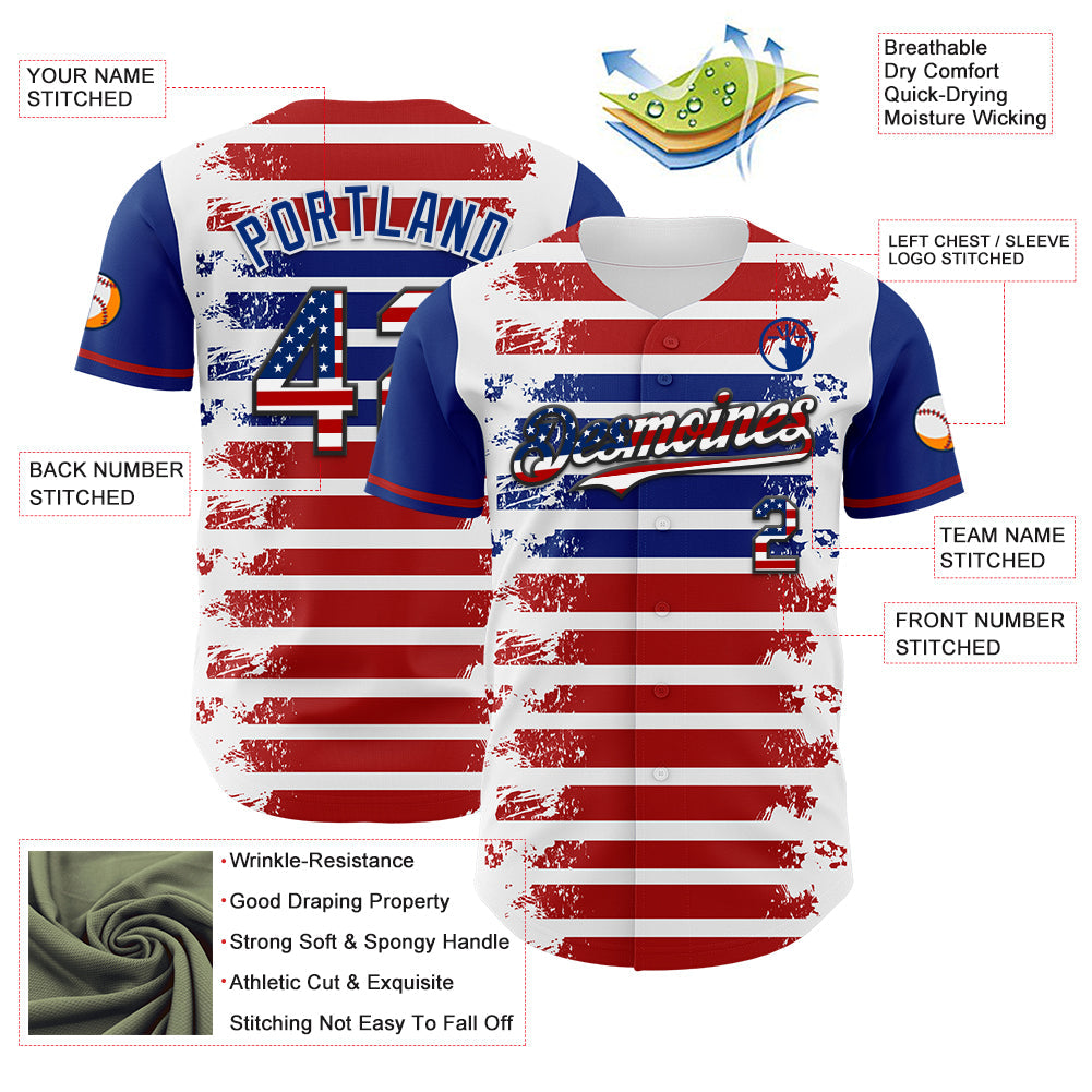 Custom White USA Flag Red Royal-Black 3D Gradient Retro Stripe American Flag Authentic Baseball Jersey view 3