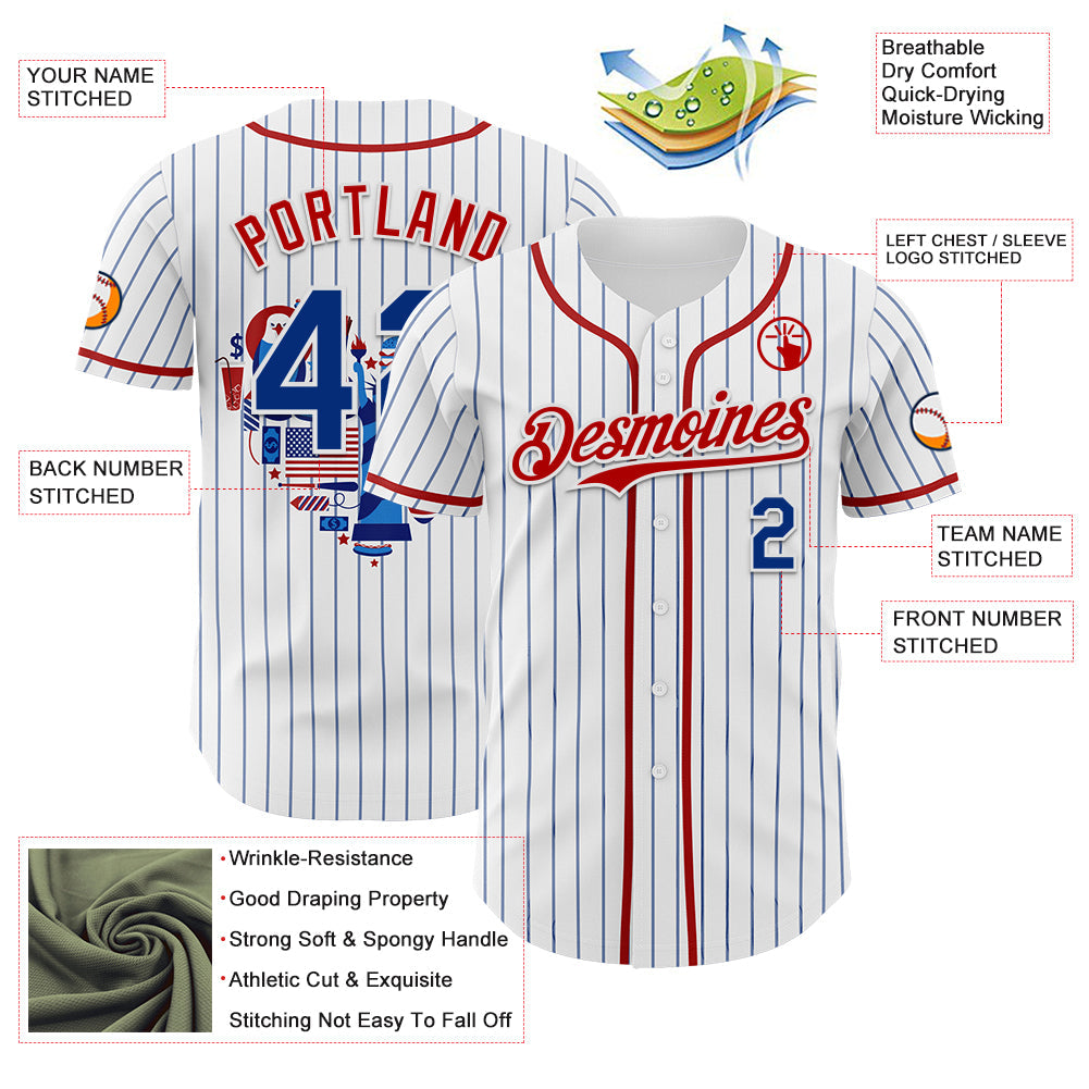 Custom White Blue Pinstripe Royal-Red 3D American Flag National Symbols Authentic Baseball Jersey view 3