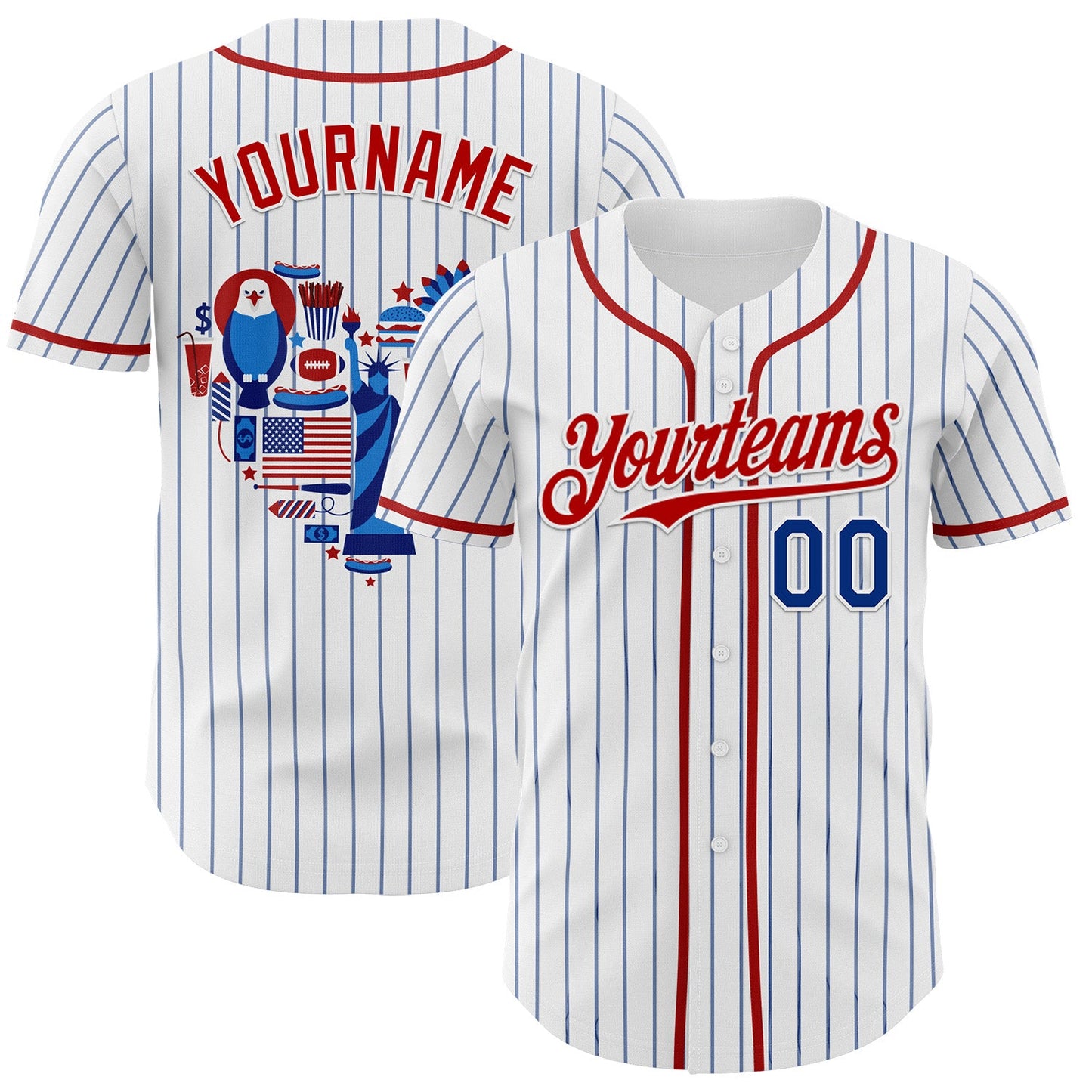 Custom White Blue Pinstripe Royal-Red 3D American Flag National Symbols Authentic Baseball Jersey - Main View