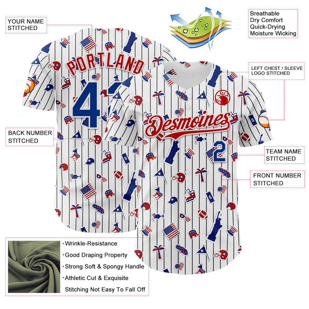 Custom White Black Pinstripe Royal-Red 3D American Flag National Symbols Authentic Baseball Jersey view 3
