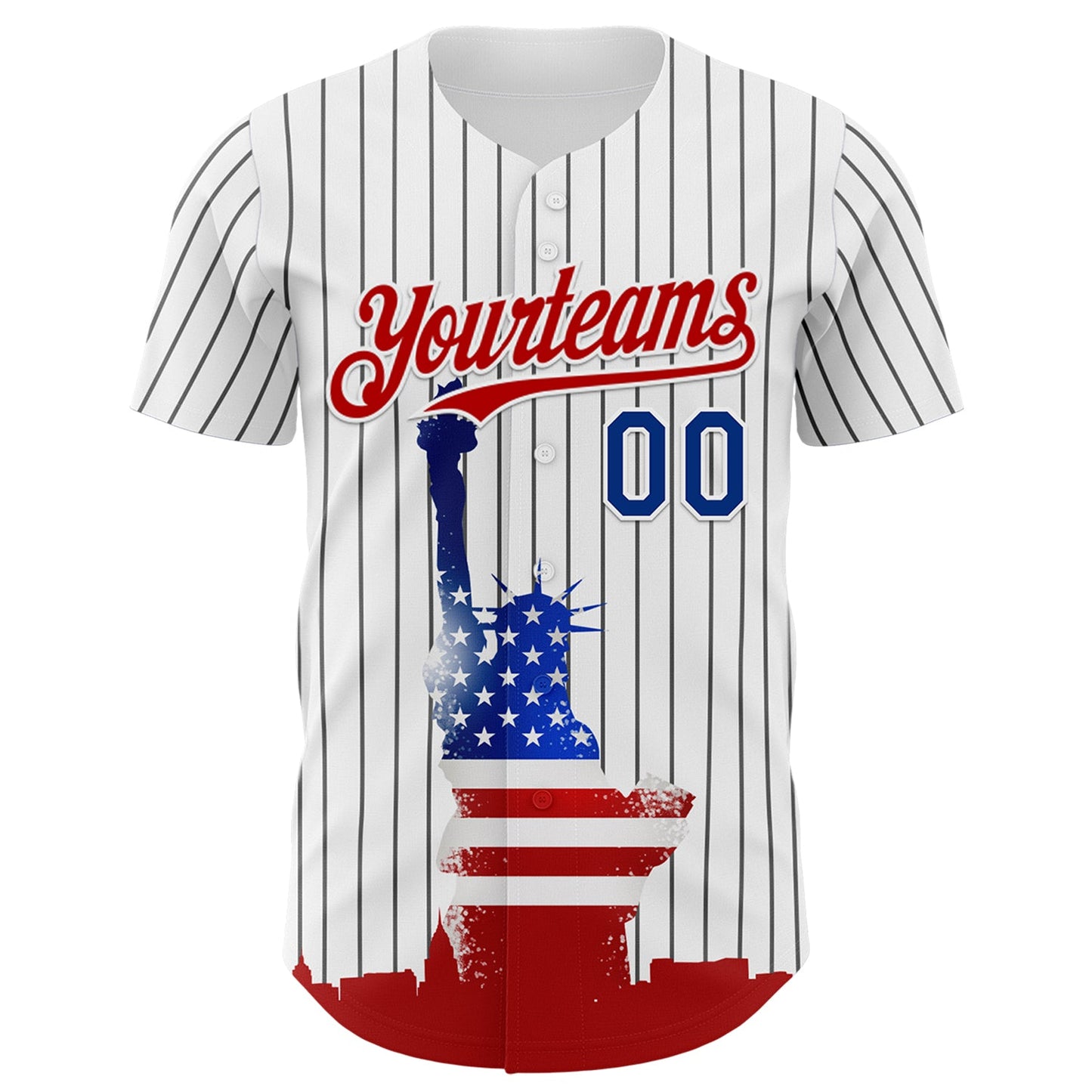 Custom White Black Pinstripe Royal-Red 3D American Flag Statue Of Liberty Authentic Baseball Jersey view 2