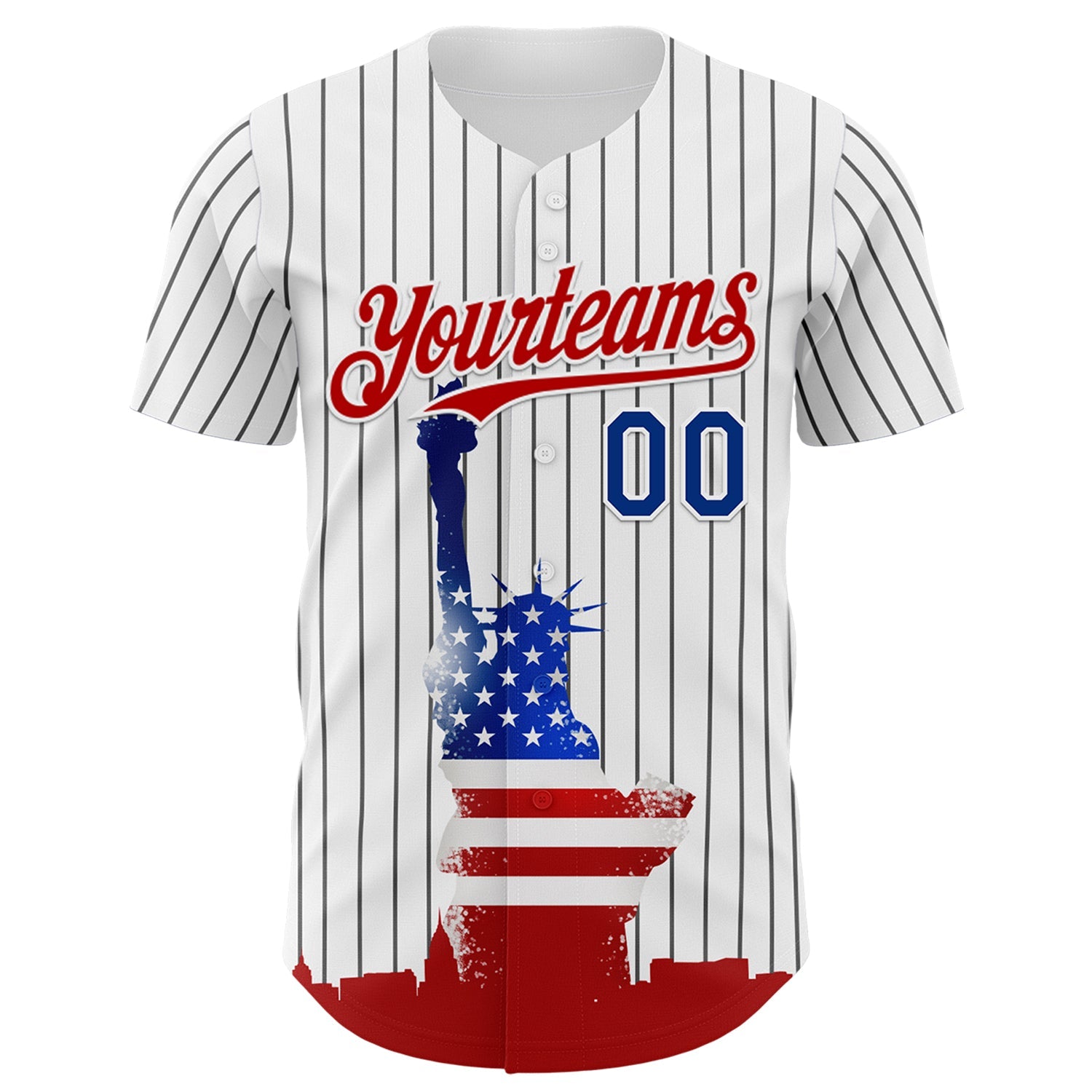 Custom White Black Pinstripe Royal-Red 3D American Flag Statue Of Liberty Authentic Baseball Jersey view 2