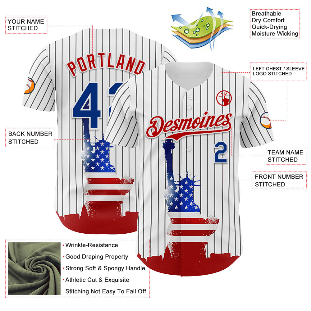 Custom White Black Pinstripe Royal-Red 3D American Flag Statue Of Liberty Authentic Baseball Jersey view 3