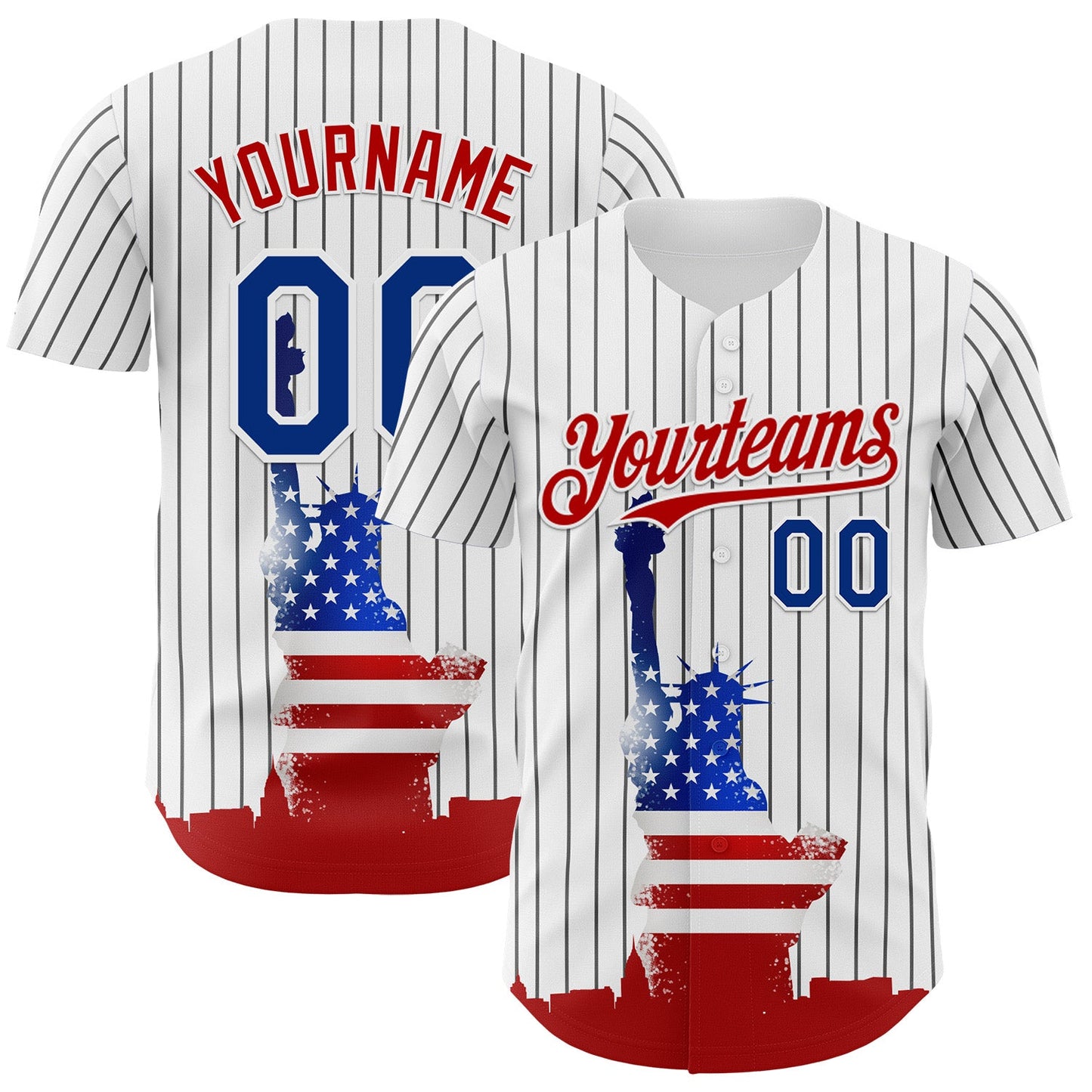 Custom White Black Pinstripe Royal-Red 3D American Flag Statue Of Liberty Authentic Baseball Jersey - Main View