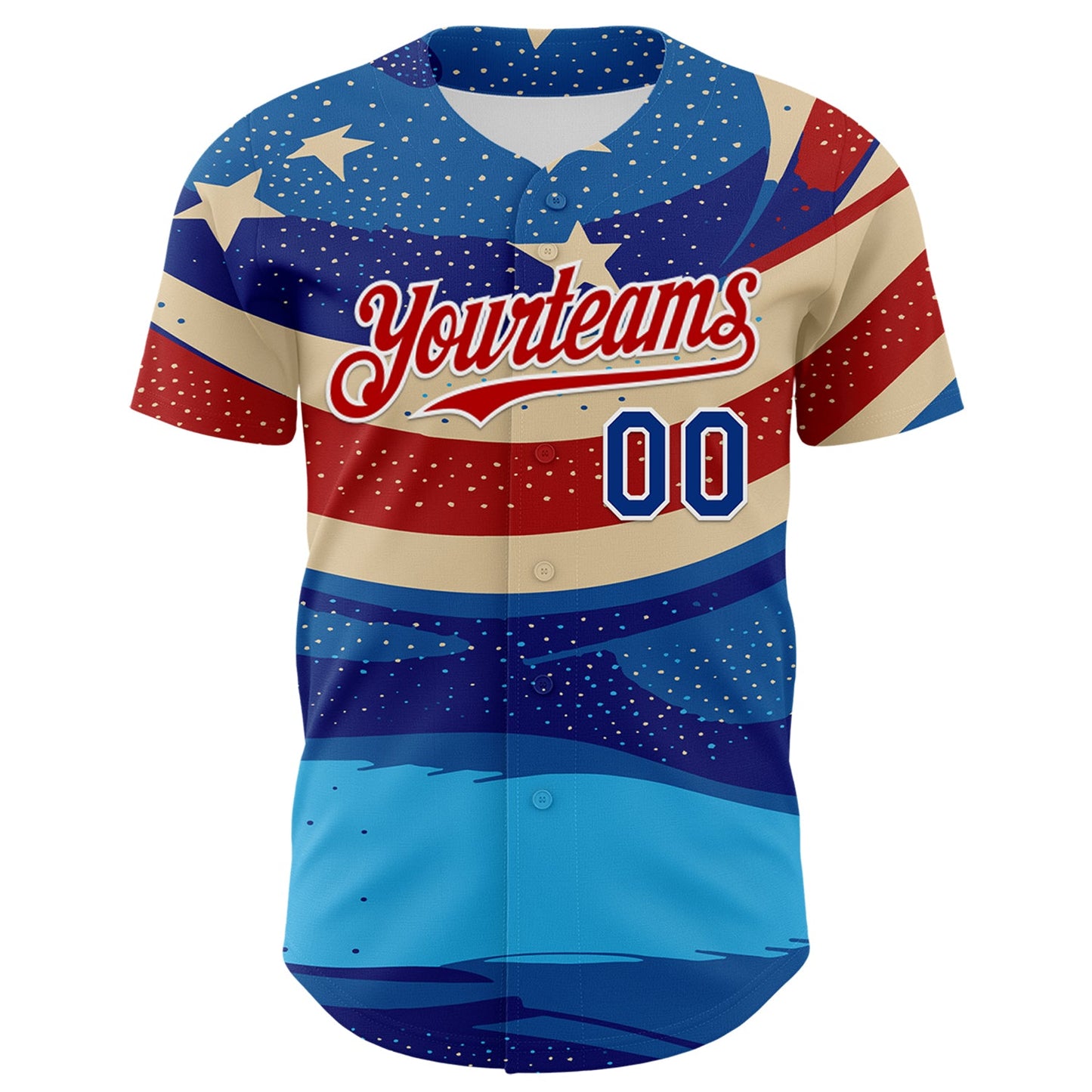 Custom Blue Royal Red-White 3D Retro American Flag Authentic Baseball Jersey view 2