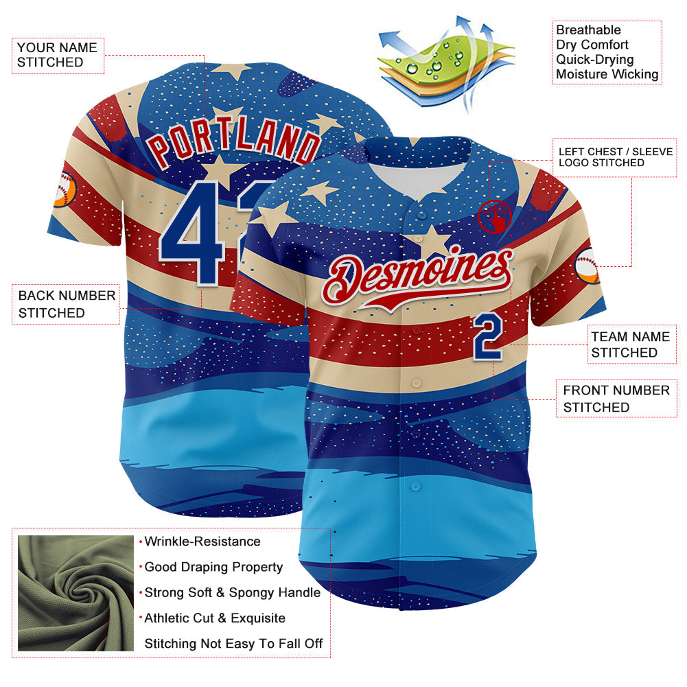 Custom Blue Royal Red-White 3D Retro American Flag Authentic Baseball Jersey view 3