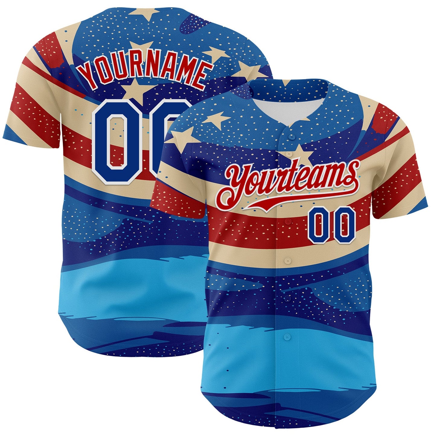 Custom Blue Royal Red-White 3D Retro American Flag Authentic Baseball Jersey - Main View