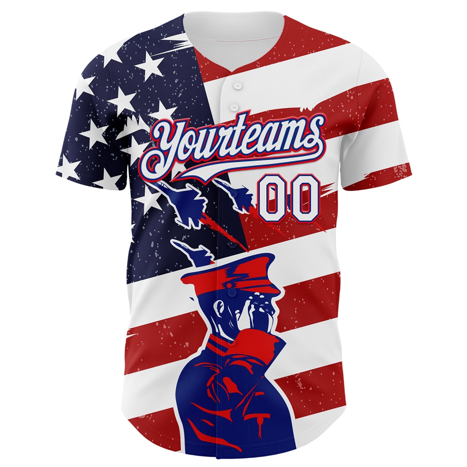 Custom White Royal-Fire Red 3D Retro American Flag Salute Authentic Baseball Jersey view 2