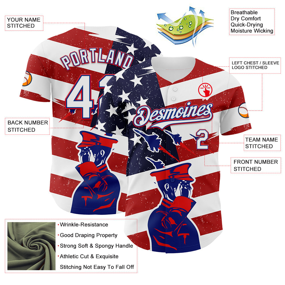 Custom White Royal-Fire Red 3D Retro American Flag Salute Authentic Baseball Jersey view 3