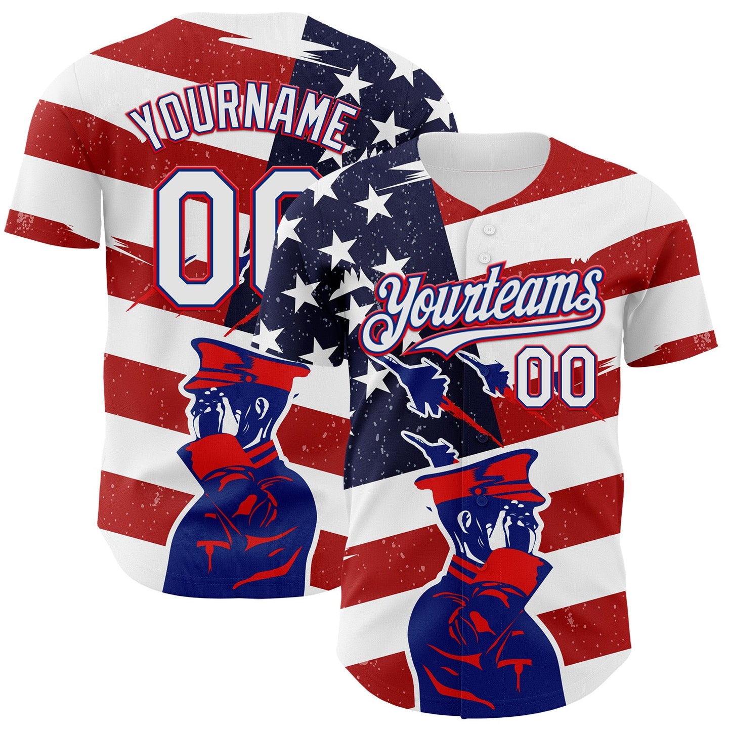 Custom White Royal-Fire Red 3D Retro American Flag Salute Authentic Baseball Jersey - Main View