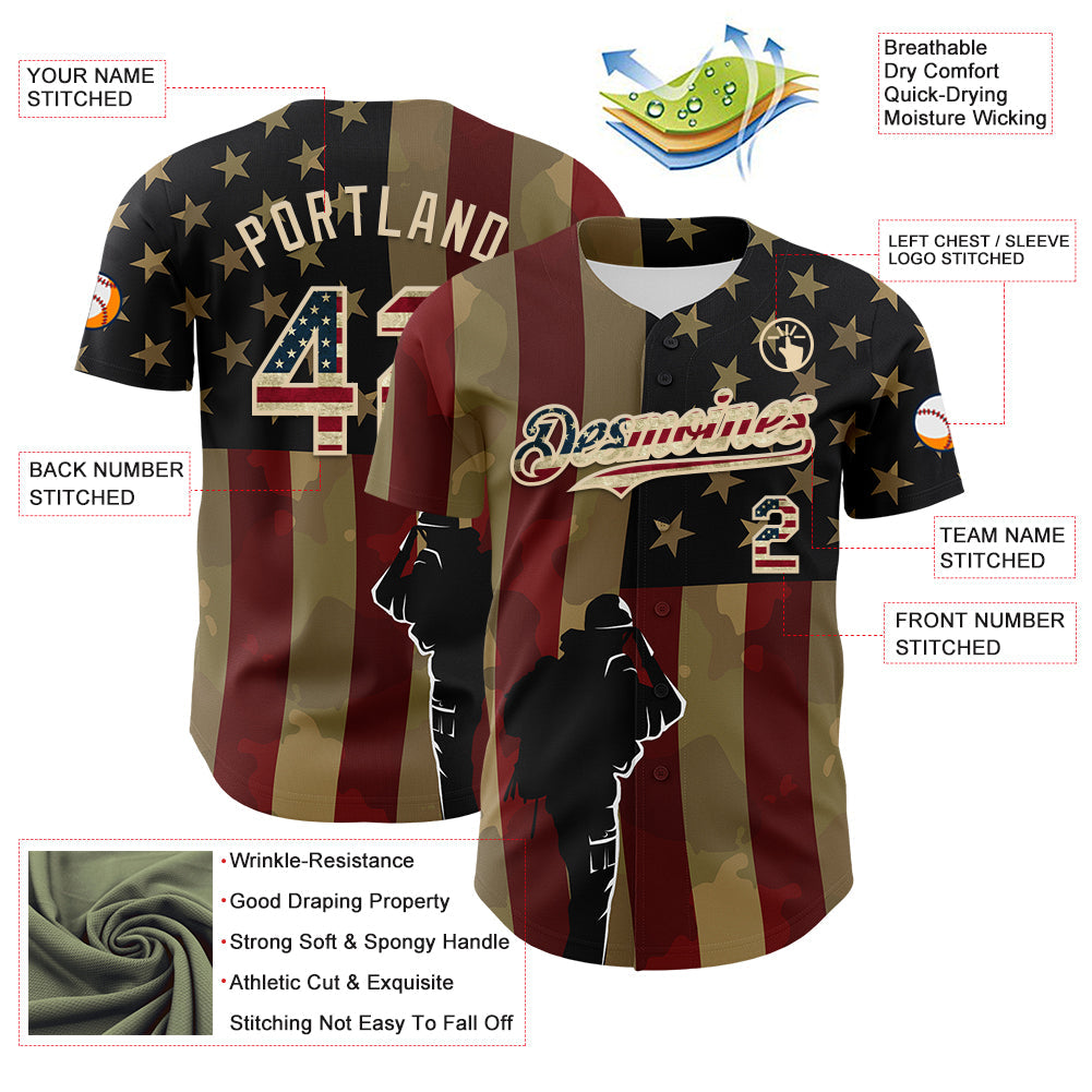 Custom Camo Vintage USA Flag-City Cream 3D American Flag Military Army Authentic Salute To Service Baseball Jersey view 3