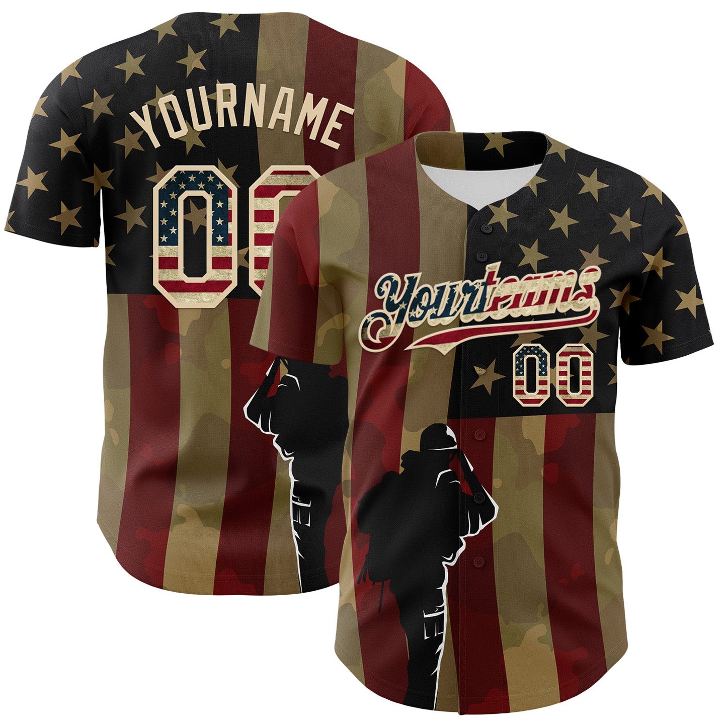 Custom Camo Vintage USA Flag-City Cream 3D American Flag Military Army Authentic Salute To Service Baseball Jersey - Main View