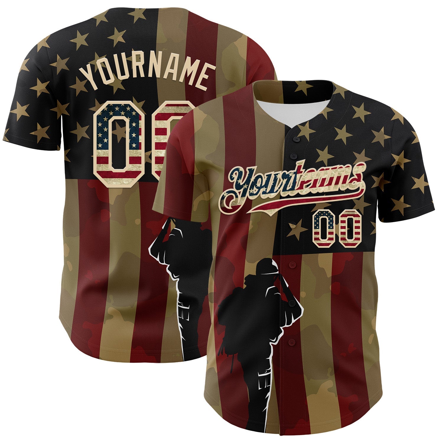 Custom Camo Vintage USA Flag-City Cream 3D American Flag Military Army Authentic Salute To Service Baseball Jersey - Main View