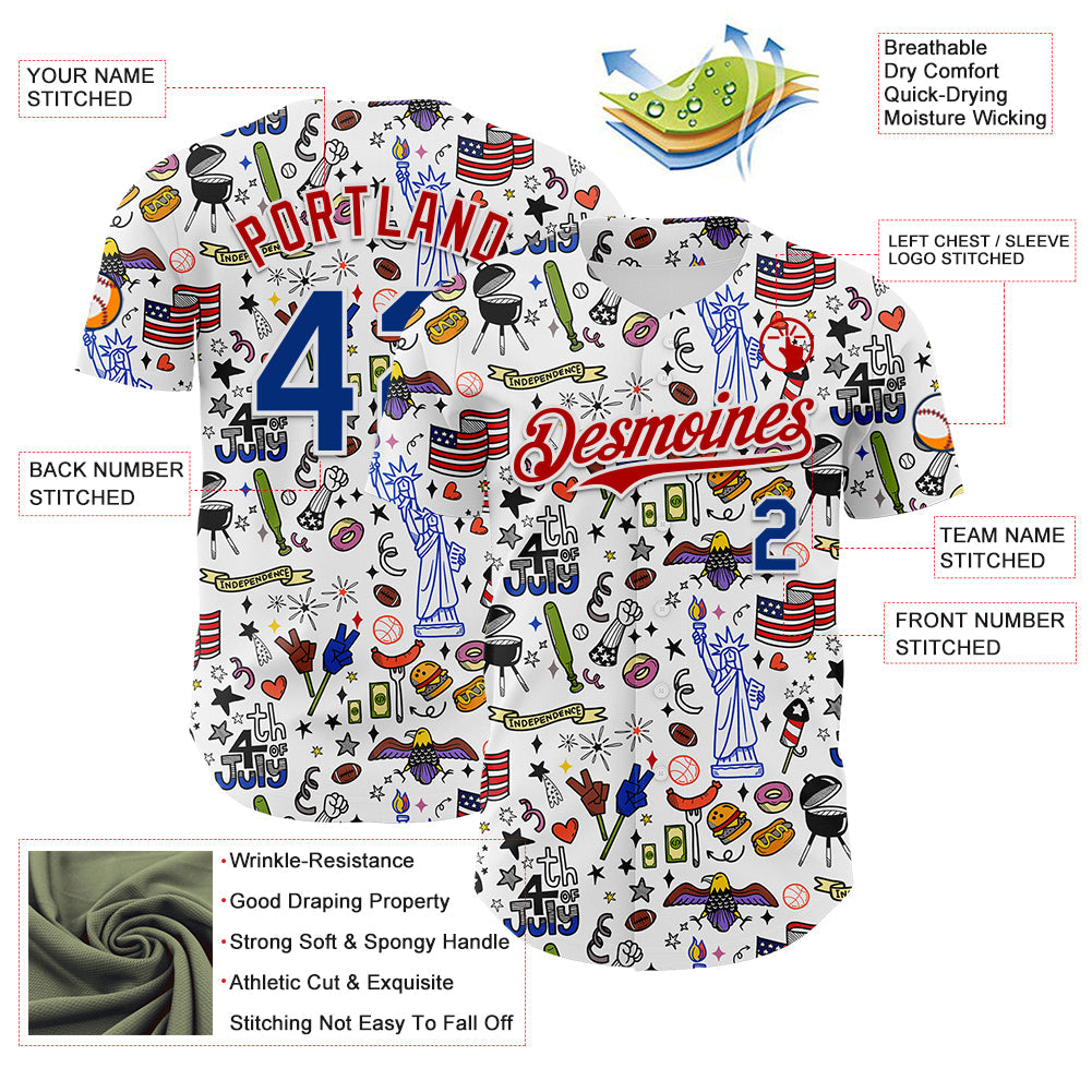 Custom White Royal-Red 3D American Flag Independence Day National Symbols Authentic Baseball Jersey view 3