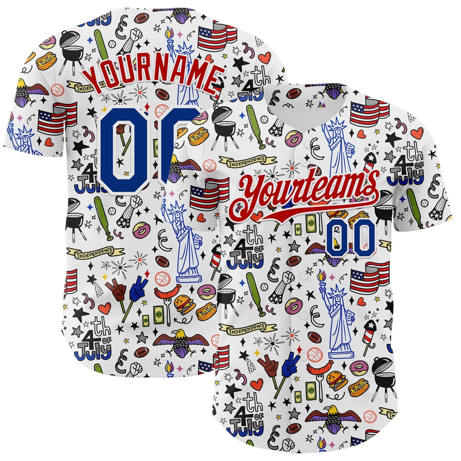 Custom White Royal-Red 3D American Flag Independence Day National Symbols Authentic Baseball Jersey - Main View