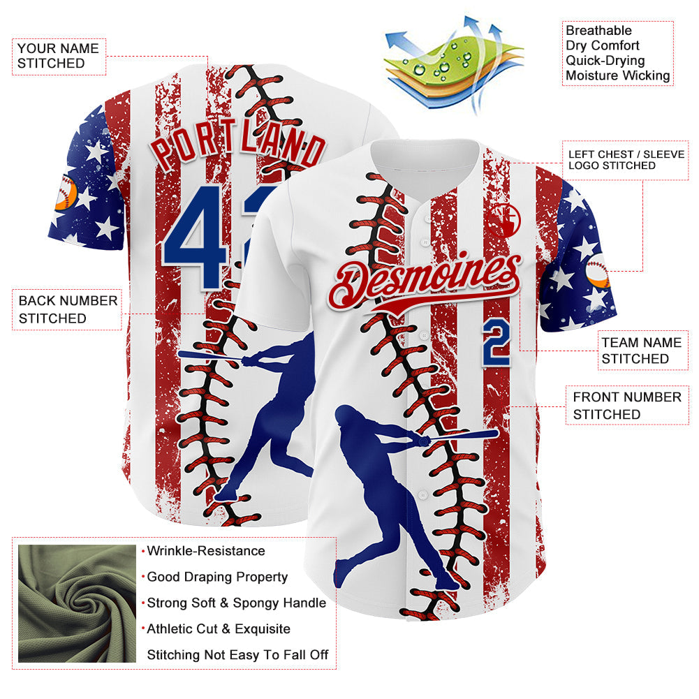 Custom White Royal-Red 3D American Flag Authentic Baseball Jersey view 3