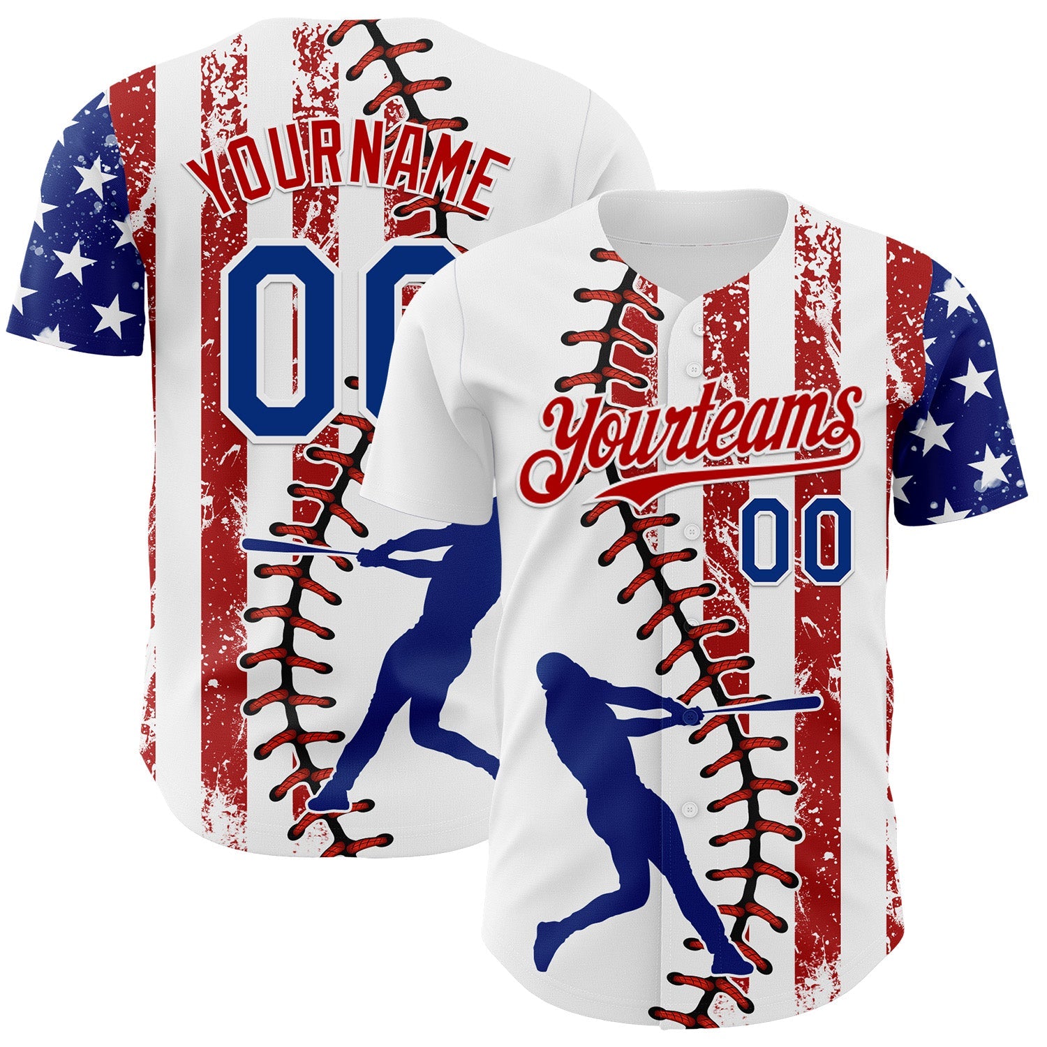 Custom White Royal-Red 3D American Flag Authentic Baseball Jersey - Main View