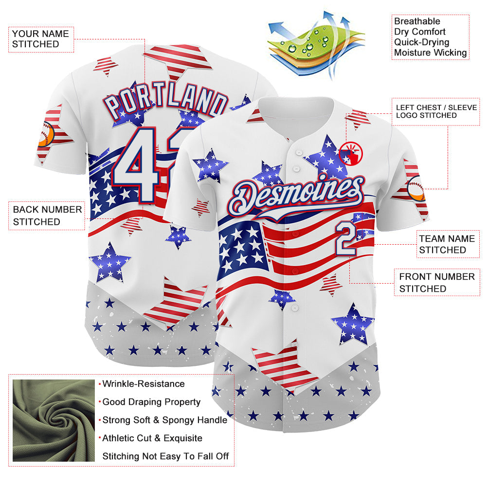 Custom White Royal-Fire Red 3D American Flag Stars Authentic Baseball Jersey view 3