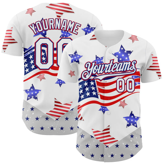 Custom White Royal-Fire Red 3D American Flag Stars Authentic Baseball Jersey - Main View