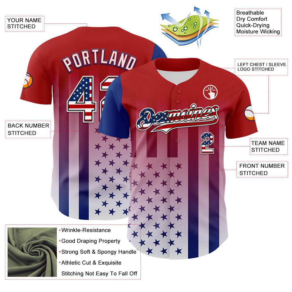 Custom Red USA Flag Royal Black-White 3D Gradient American Flag Authentic Baseball Jersey view 3