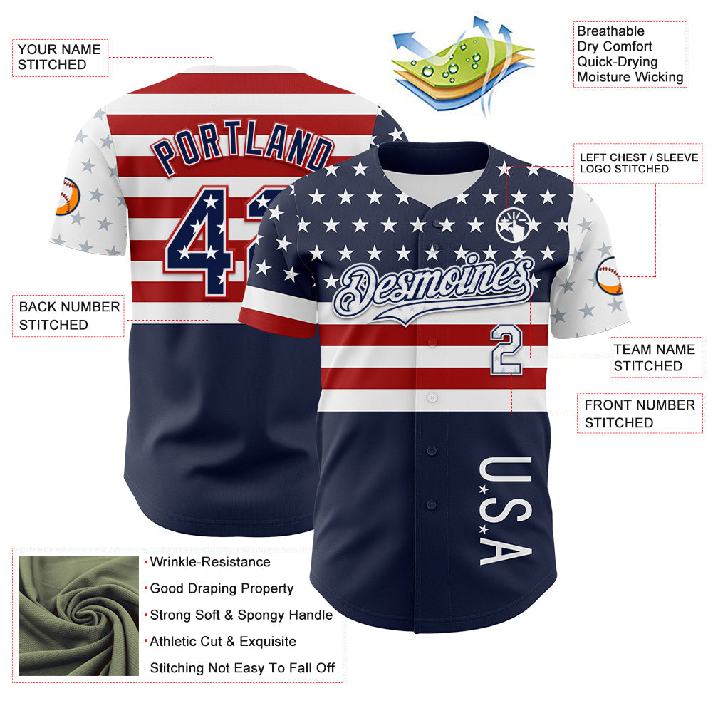 Custom Navy Star Red-White 3D American Flag Authentic Baseball Jersey view 3